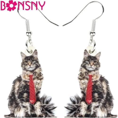 Bonsny Acrylic Fashion Red Tie Cool Cat Earrings Dangle Drop Unique Pet Jewelry For Women Girls Lovers Charms Gift Decoration