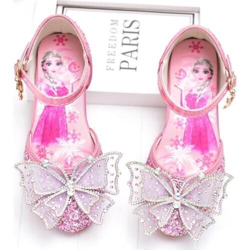 Disney Frozen Elsa Princess Kids Leather Sandals For Girls Casual Glitter Children Flat Heel Girls Shoes Knot Blue Pink Sandals