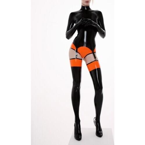 Erotic strapped black mini dress including orange briefs and black long stockings made of 0.4mm thickness natural latex material