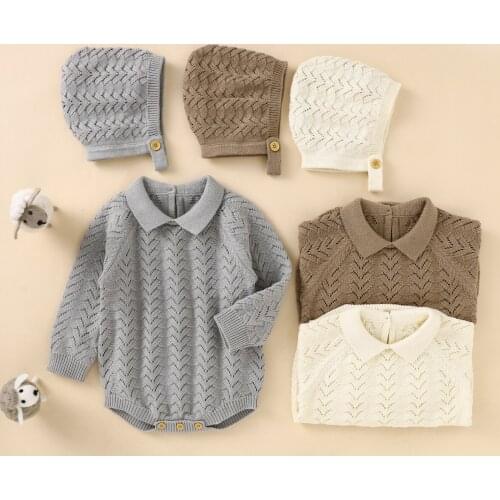 2021 Newborn Baby Fall/Winter Lapel Hollow Knitted Sweater Romper Long Sleeve Jumpsuit + Cap Two-piece Set baby winter clothes