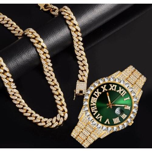 Quartz Luxury Gold Sliver Watch for Men Full Iced Out Watch Men Bling Miami Cuban Chain Rhinestone Bracelet Necklace Jewelry Set