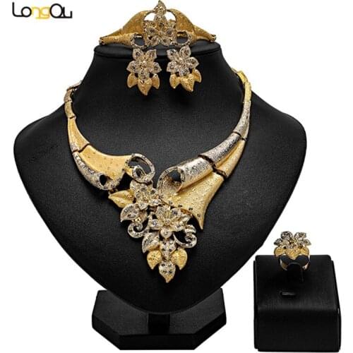 Longqu Saudi Gold Color Woman Wedding Jewelry Set Nigerian woman Accessories Bridal Jewelry Set statement Bridal Jewelry Set