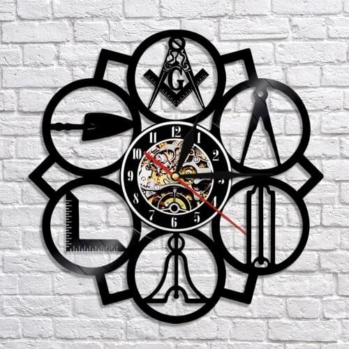 Masonic Free Mason Logo Vinyl Record Wall Clock Vintage Home Decor Wall Art Hanging Watch Silent Quartz Movement LED Night Light