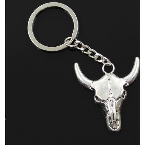 New Fashion Men 30mm Keychain DIY Metal Holder Chain Vintage Skull Bull Ox Head 41x38mm Silver Color Pendant Gift