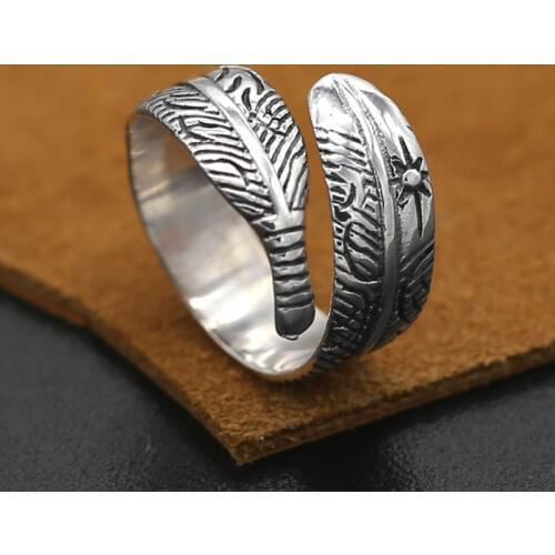 S925 Sterling Silver Jewelry Handicraft Retro Thai Silver Takahashi Goros Sun Point Gold Feathers Open Ended Ring