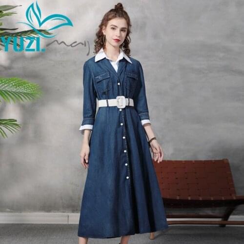 Dress For Women 2021 Yuzi.may Boho New Denim Woman Dresses Turn-down Collar Long Sleeve Vintage Belted Combo Vestidos A82355