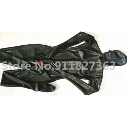 Full Cover Black Latex Catsuit with Breast Cup Attached Vaginal&Anal Condom zentai mask hood costumes back waist zipper