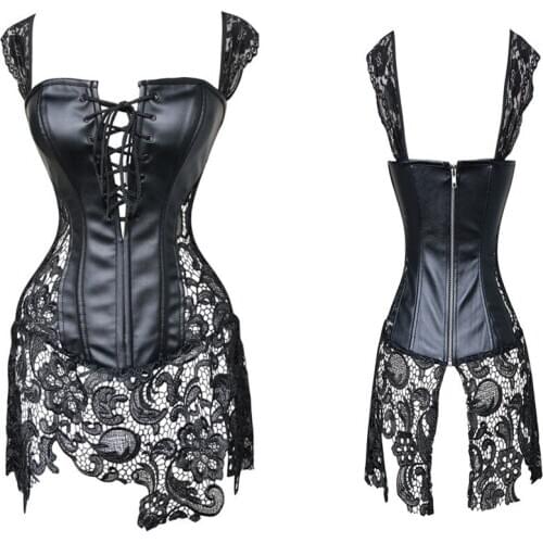 Sexy hollow out Women Faux Leather Lace Burlesque Steampunk Corset Dress Club Gothic Bustier Plus Size Lingerie espartilho