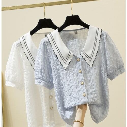 Sweet Style Lace Solid Women Shirts Summer New 2021 Turn-Down Collar Short-Sleeved Elegant Female Outwear Tops