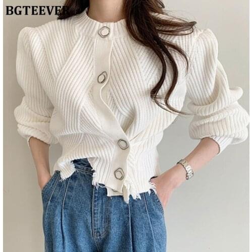 BGTEEVER Stylish O-neck Female Skinny Knitted Cardigans 2021 Autumn Winter Single-breasted Slim Open Stitch Women Sweaters