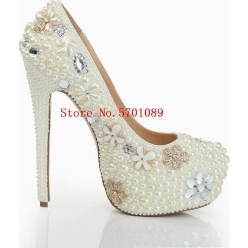 Rhinestone Beads Wedding Stiletto Heel Platform Heels Pearls Wedding Shoes 140mm Genuine Leather Flower Bride Pumps 35-41