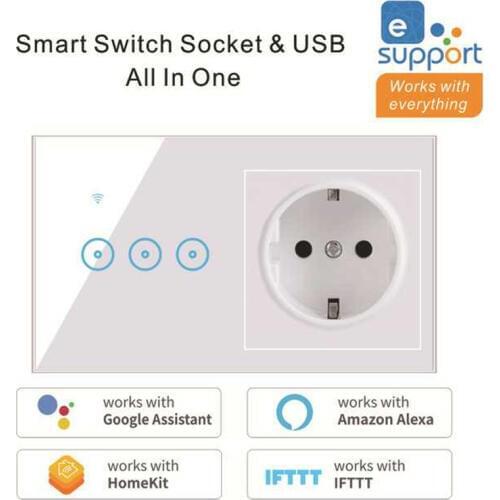 Wifi Smart LED Light Switch with EU Socket 220V 1 2 3 Gang Wall Touch Switch Work with Alexa Google Home IFTTT eWelink EU Plug