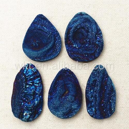 WT-G203 Charm Blue Titanium At gate Stone,size 30-40mm natural druzy stone with blue titanium electroplated wholesale 5pcs/lot