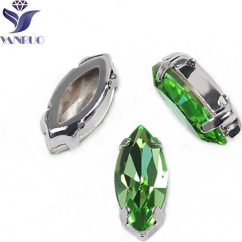 YANRUO 4200 All Sizes Peridot Navette Fancy Stones Silver Gold Claw Setting Strass Point Back Crystal Rhinestones For Sewing