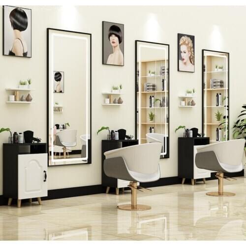 Hairdressing wall mirror barber shop stage cabinet integrated beauty mirror hair salon simple LED floor mirror with light