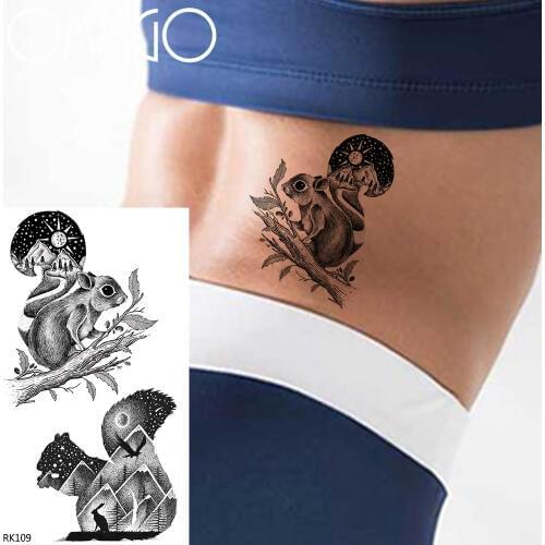 OMMGO Squirrel Cute Temporary Tattoos For Women Sticker Galaxy Mountain Peak Fake Tattoo Black Waterpoof Custom Tatoos Body Art