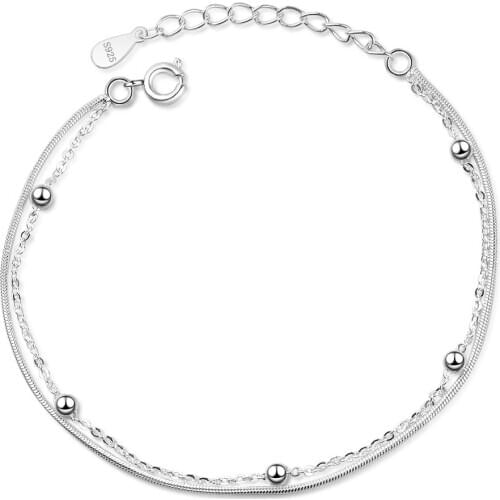 Fashion female Silver Color Double Layer Snake Chain Bead Chain Bracelet for Women Jewelry Girlfriend Gifts Pulseira