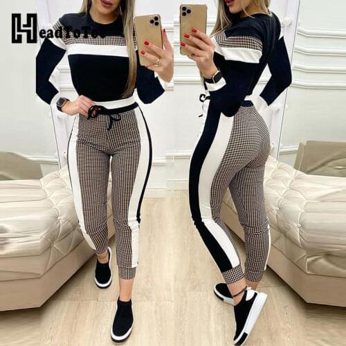 Colorblock Plaid Striped Short Sleeve Tape Top & Drawstring Pants Set Casual Basic Women Two Piece Set