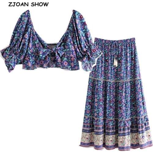 Bow Tide Ruffle Strap Floral Bra Tank Top Crop Top Women Elastic Waist Maxi Long Skirt Ruched Camis Tops Holiday 2 Pieces Set