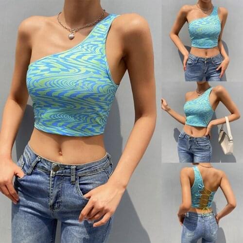 Aesthetic Y2K Backless Tops Women Wave Print One Shoulder Beachwear Vintage Sleeveless Sexy Crop Tops Summer