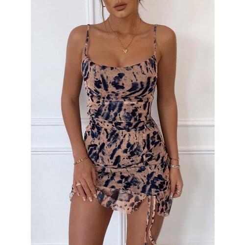 2020 Women Elegant Summer Ruched Sexy Square Neck Spaghetti Strap Mini Dress Animal Print Ruched Cami Dress