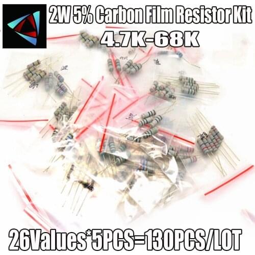 130Pcs 4.7K-68K Ohm 2W 5% 26ValuesX5Pcs Carbon Film Resistor, Assorted Kit Sample Bag