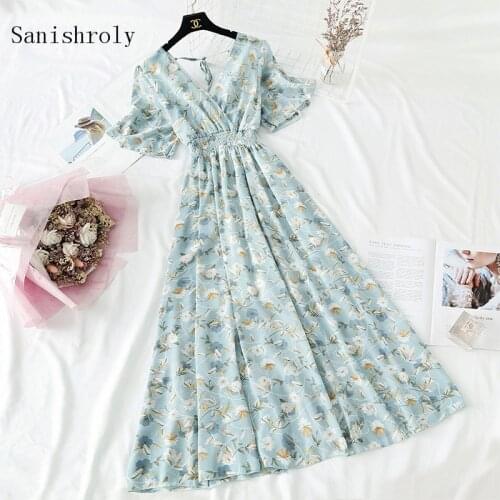 2021 Summer Short Sleeve Ruffled Chiffon Dress Women V Neck High Waist Midi Floral Print Dresses Sexy Backless Beach Vestidos