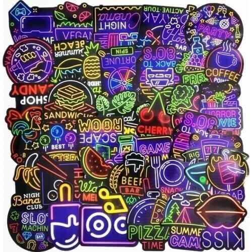 50Pcs/lot Colorful Neon Light Stickers Cute Bar Decor Anime Icon Animal Graffiti Decals For Skateboard Luggage Laptop Bicycle TV
