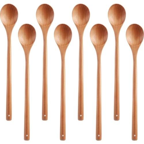 8Pcs Wood Mixing Spoon Long Handle Wooden Spoons Wood Soup Spoons for Kitchen Stirring and Cooking, 13 Inches Long