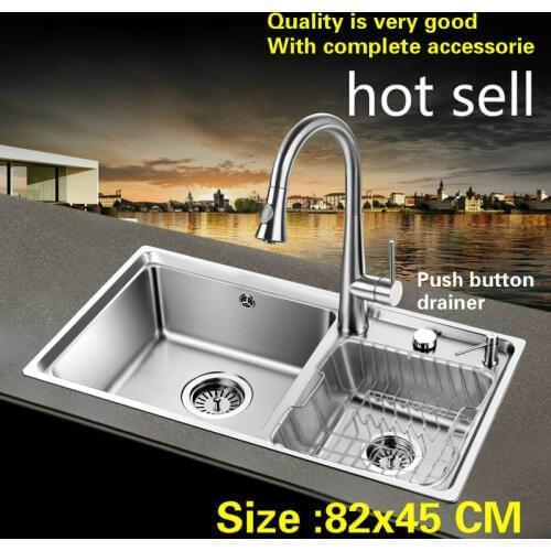 Free shipping Household push button drainer kitchen double groove sink durable 304 stainless steel hot sell 82x45 CM