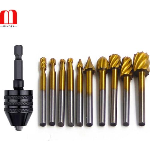 BINOAX 10pcs Titanium Dremel Routing Wood Rotary Milling Rotary File Keyless Drill Bit Chuck Quick Change Adapter Converter
