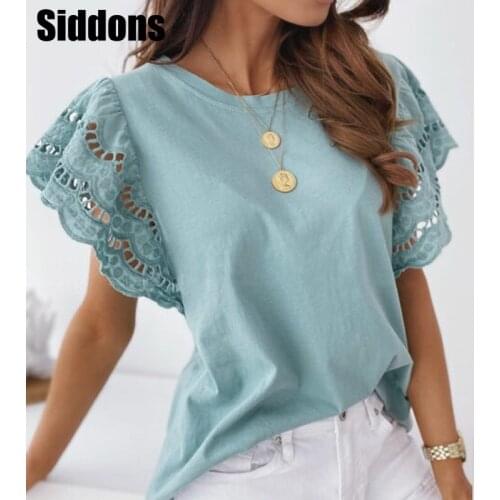 Summer Butterfly Short Sleeve Women Blouses 2021 Spring Round Neck Elegant Office Lady Shirts Casual Pure Color Streetwear Tops