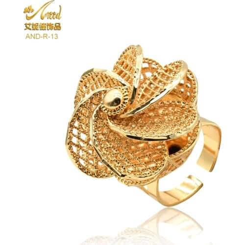 Designer Flower Gold Ethiopian Ring Arab Nigeria Big Ring Women Resizable Dubai Gold Color Rings Wedding Finger Jewelry