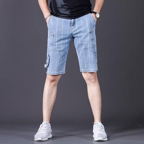 Mens Denim Shorts New Summer Fashion Striped Casual Short Jeans Streetwear Light Blue Multi-Pocket Knee Length Pants