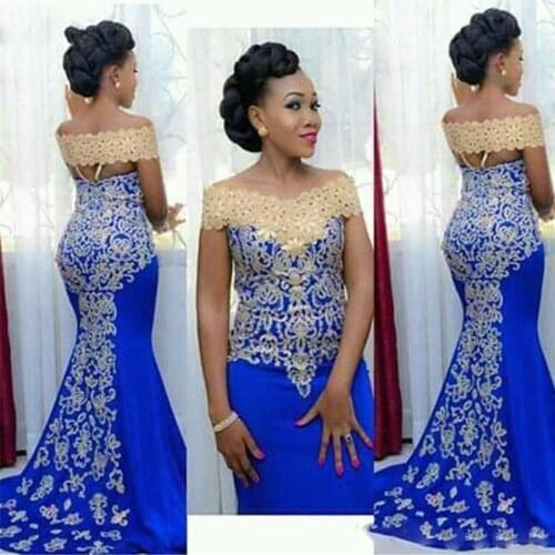 Elegant Long Mermaid Evening Dress Off Shoulder Gold Embroidery Floor Length Prom Dresses African Women Blue Formal Gowns Wear