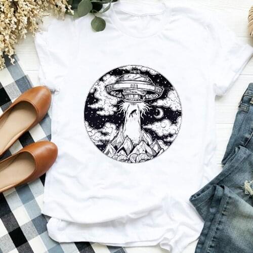 Women Lady Alien UFO Casual Funny Cute Summer Autumn 90s Print T Tee Womens Tshirt for Female Shirt Clothes Top Graphic T-shirt