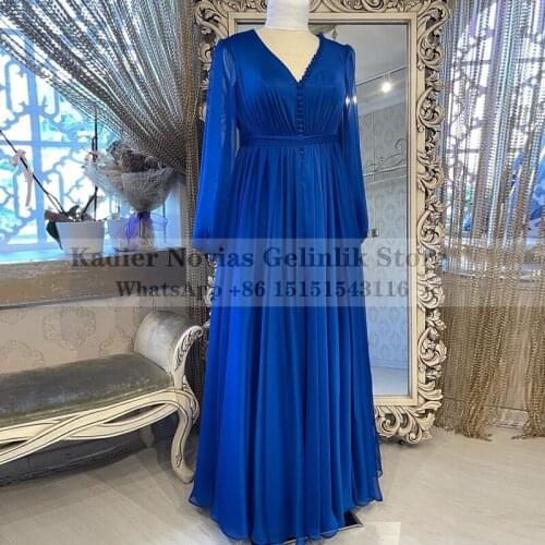 KADIER NOVIAS Long Sleeve Muslim Royal Blue Chiffon Evening Dresses 2021 Bridesmaid Prom Dress for Black Girls Vestido De Fiesta