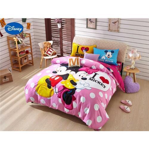 Cartoon Disney Print Bedding Set Cotton Pink Polka Dot Mickey Minnie Mouse Comforter Sheets Duvet Cover Girls Bedroom Decor Twin
