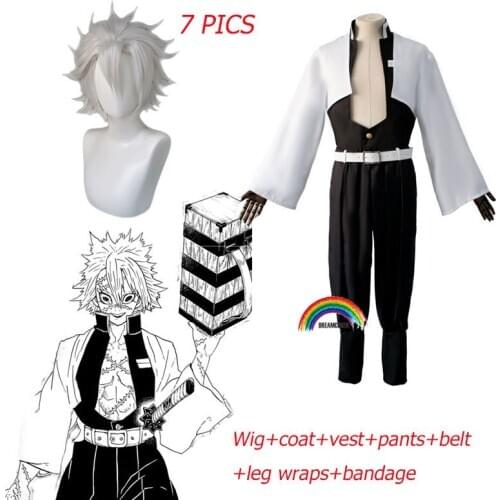 7 PCS Shinazugawa Sanemi Cosplay Costume Demon Slayer Wind Kimetsu No Yaiba Kisatsutai Hashira Uniform Men Sexy Halloween Kimono