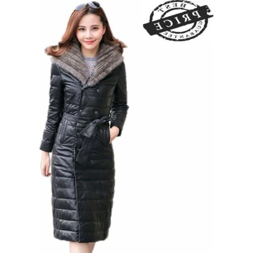 Warm Female 2021 PU Leather Duck Down Jacket Mink Fur Hooded Coat Black Plus Size aXL Womens Outerwear abrigos CJ512