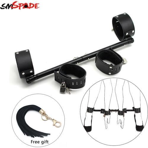 Smspade Metal Spreader Bar With 4 leather Cuffs Sex Tools For Woman Handcuffs Steel Bondage Cuffs Erotic Slave Sex Sex Toys Shop