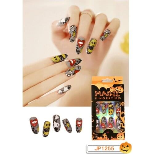 24pcs/set Fashion False Nail Tips Halloween Fake Nails Black Ghost Design Fake Nail Pumpkin Castle Pattern Glossy False Nail Tip