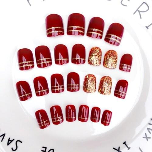 24 PCS Fake Nail Patch Red Gold Sequins Shiny Acrylic Double-sided Sticker DIY Decoration Design Nail Art Accessories Tool