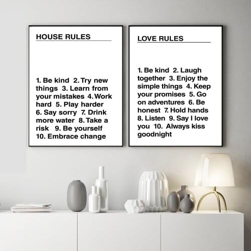 Home Rules Wall Art Canvas Painting Modern Black White Love Rules Posters Prints Wall Pictures for Living Room Salon Home Decor