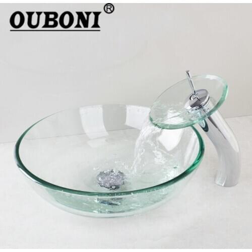 OUBONI Tempered Glass Sinks Polish Chrome Bathroom Sink Washbasin Ceramic Lavatory Bath Sink Combine Set Torneira Mixer Faucet