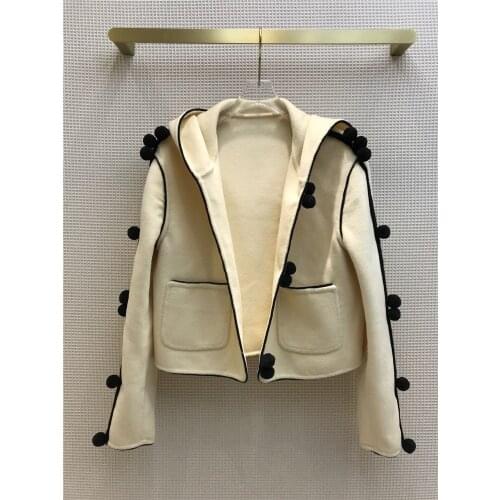 Coat Luxury Brand Wool Cardigan 2021 Early Spring Women Jacket Long Sleeve Fur Ball Double-sided Woolen Big Hooded Short Jackets