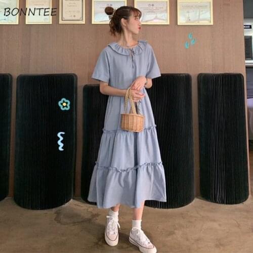 Dress Women Lovely Simple Ruffles Short Sleeve Lace-up Girls College Street Blue Fashion French Style Holiday Leisure Vestidos