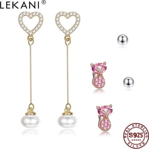 LEKANI 925 Sterling Silver Earrings For Women Cute Heart Pearl Earrings Sets Sparkling Fox Pink CZ Stud Earring Jewelry Gift