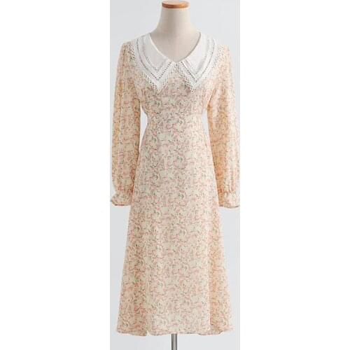 Spring Autumn Vintage Long Sleeve Print Floral Dresses High Waist A-Line Doll collar Chiffon Long Dress Elegant Women Dress