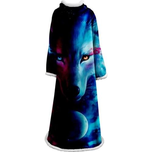 Thick Luxury Family Wolf Lion Hooded Sleeve Blanket Winter Warm Coral Fleece Printed Portable Anti-Pilling Soft Fluffy Blanket